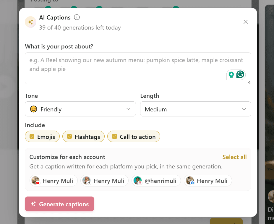 AI Captions panel generating a caption for all platforms in the Hivra Composer