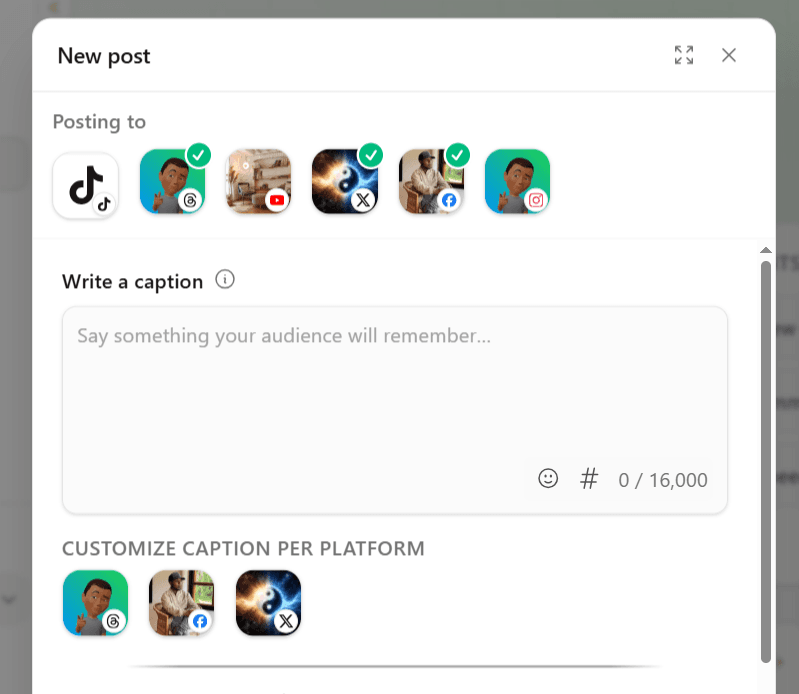 Default and per-platform captions in the Hivra Composer