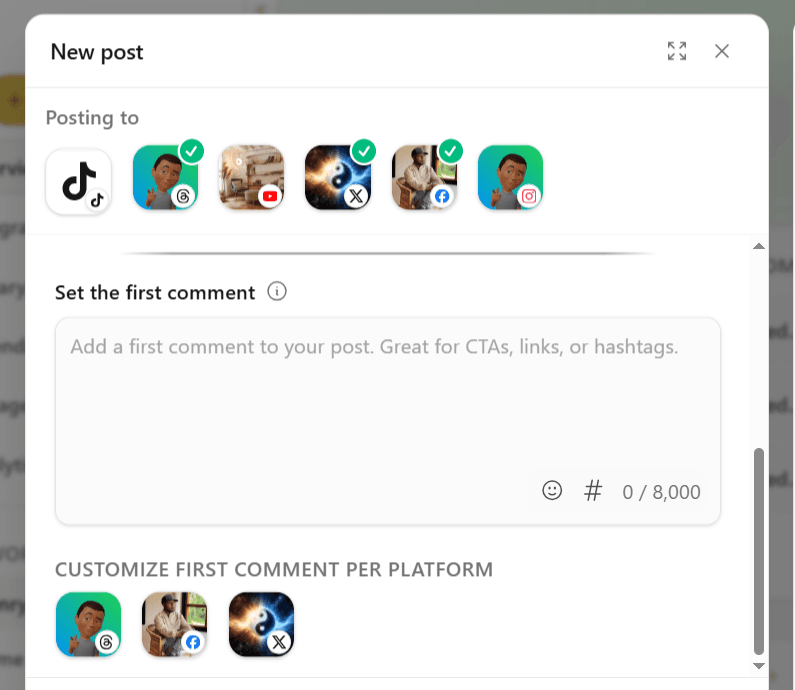 Default and per-platform first comments in the Hivra Composer