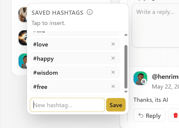 Saved hashtags in the Hivra caption composer