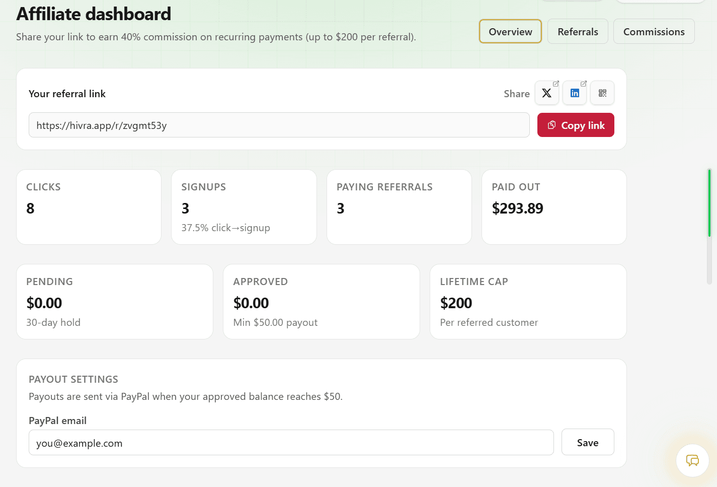 Hivra affiliate dashboard showing referral link, earnings overview, and commission tracking
